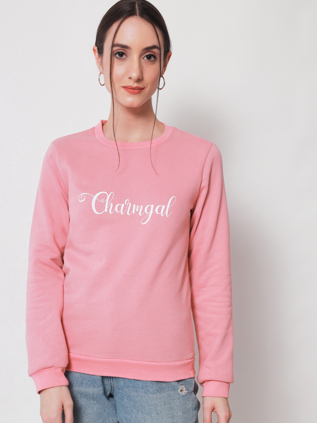 

CHARMGAL Women Printed Pure Cotton Sweatshirt, Pink