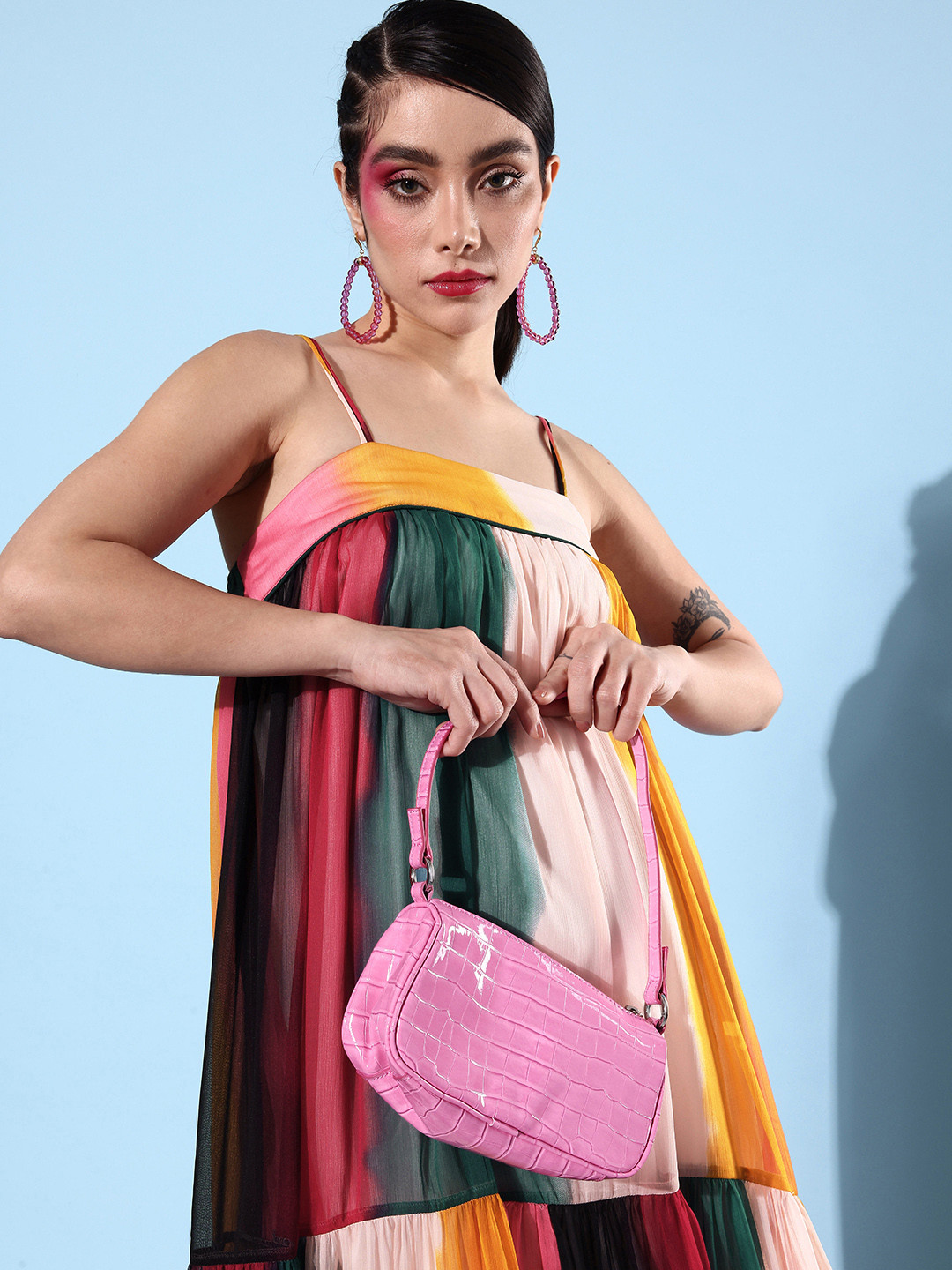 

QUIERO Multicoloured Striped Chiffon Tiered A-Line Maxi Dress, Multi