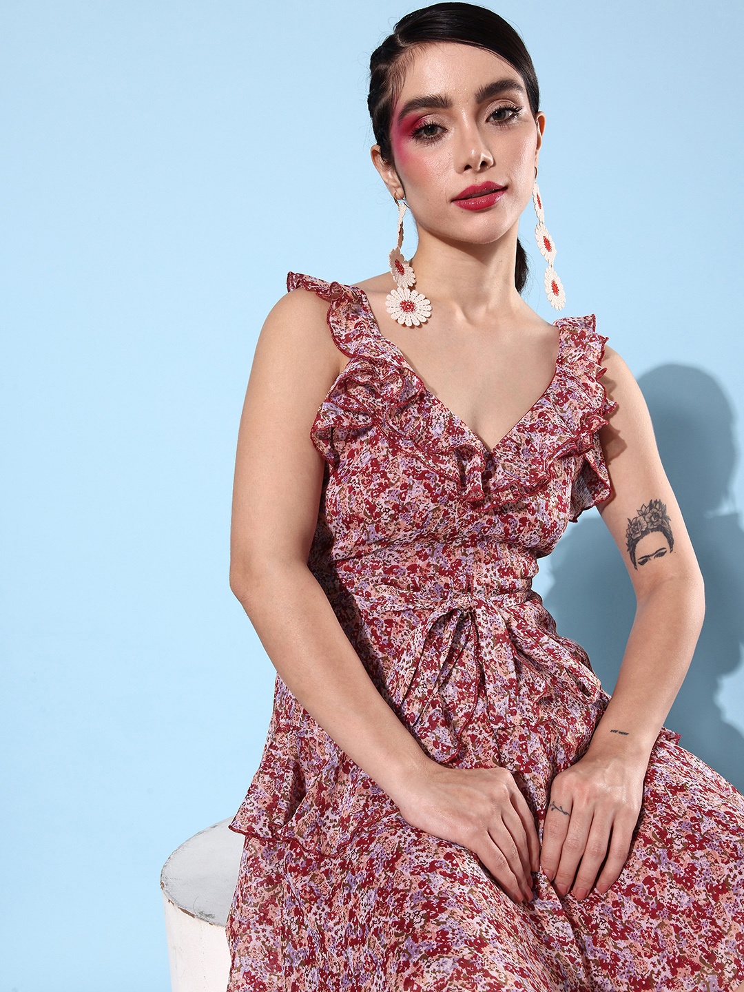 

QUIERO Red & Multicoloured Flutter Sleeves Mini Dress