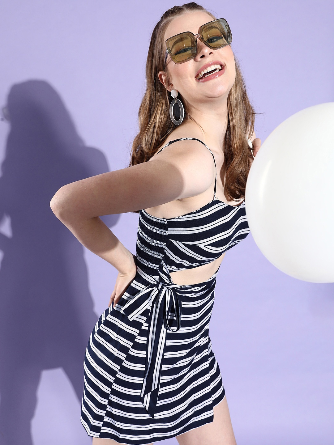 

QUIERO Cut-Out Detailed Striped Sheath Mini Dress, Navy blue