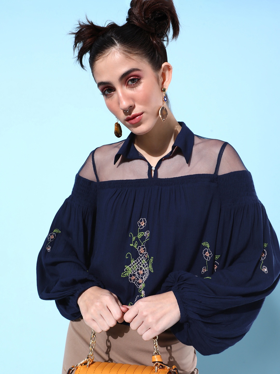 

QUIERO Floral Embroidered Crepe Blouson Top, Navy blue