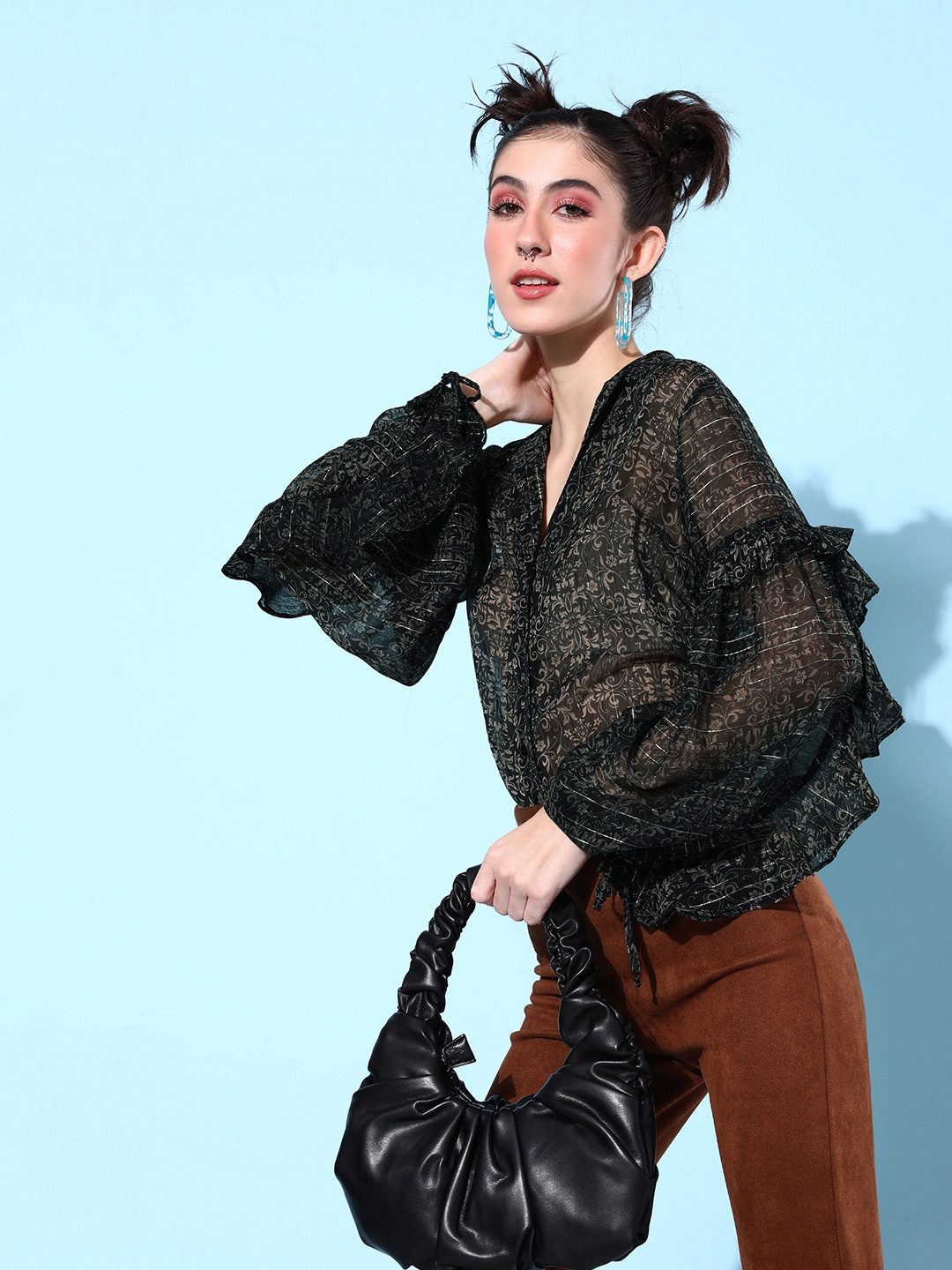 

QUIERO Floral Print Puff Sleeves Ruffles Shirt Style Top, Black