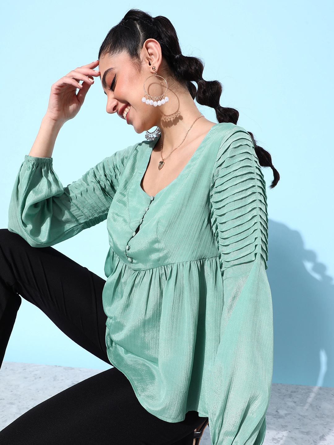 

QUIERO Chiffon Puff Sleeves Peplum Top, Green