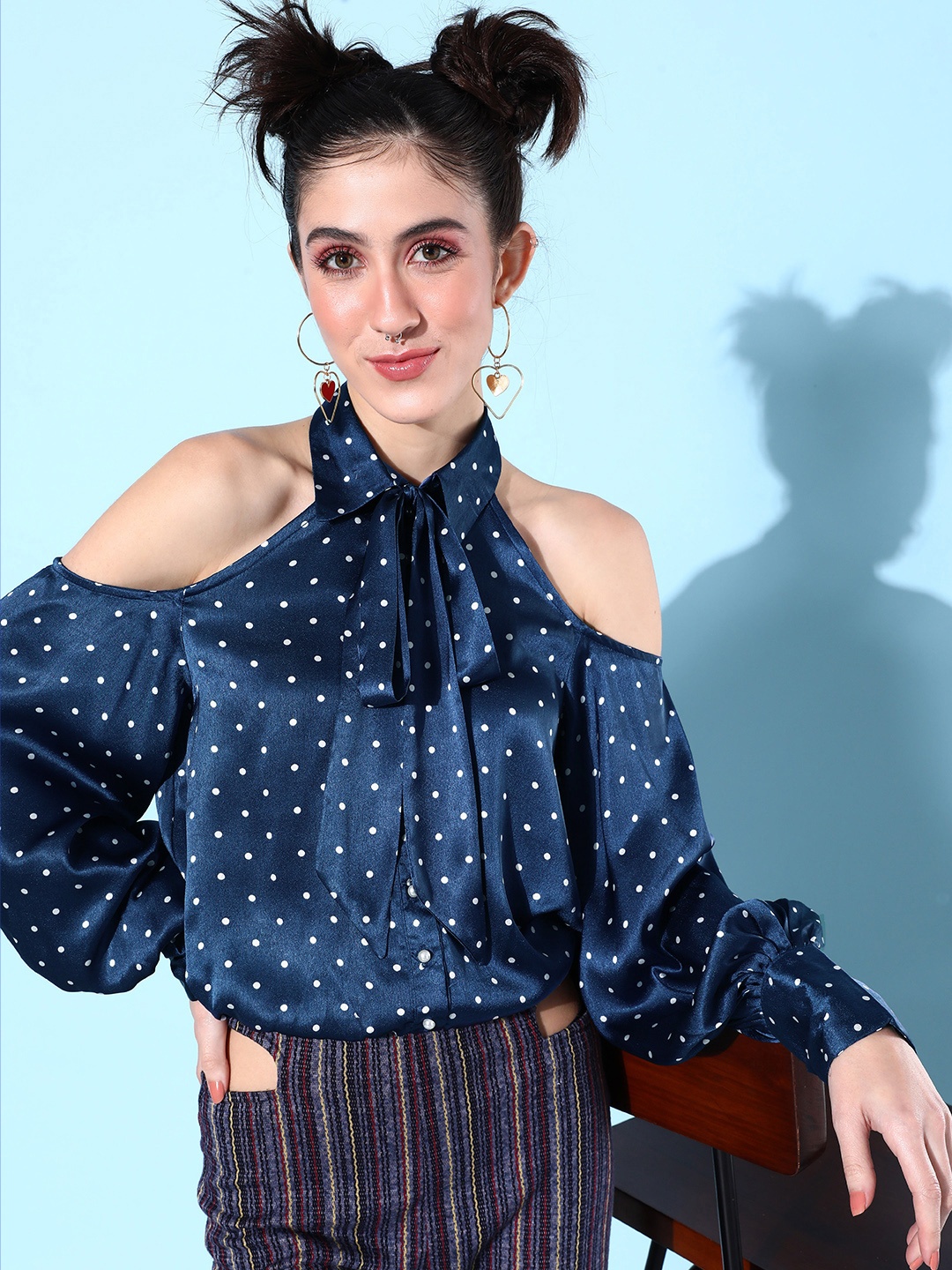 

QUIERO Satin Polka Dots Printed Cold Shoulder Sleeves Blouson Top, Navy blue