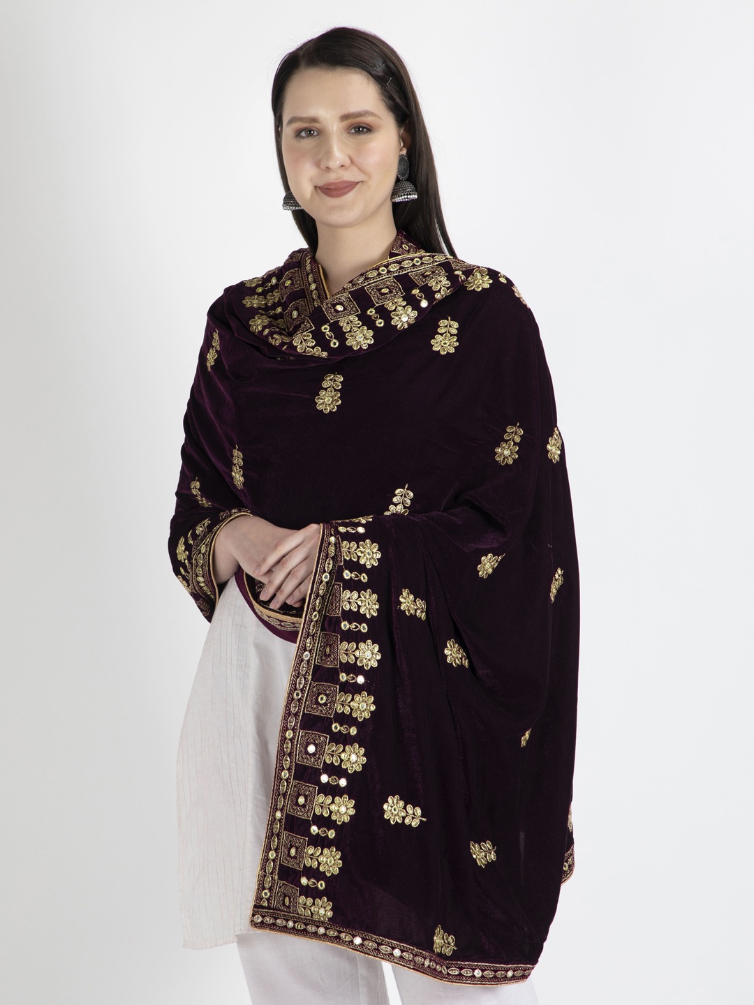 

Moda Chales Women Burgundy & Gold-Toned Embroidered Velvet Shawl, Purple