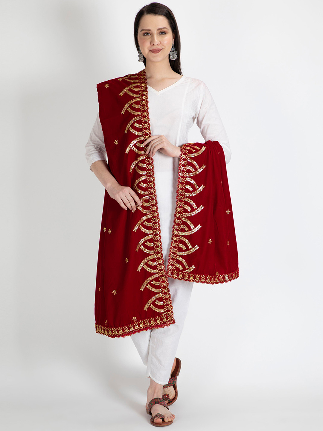 

Moda Chales Women Red Embroidered Pure Velvet Shawl