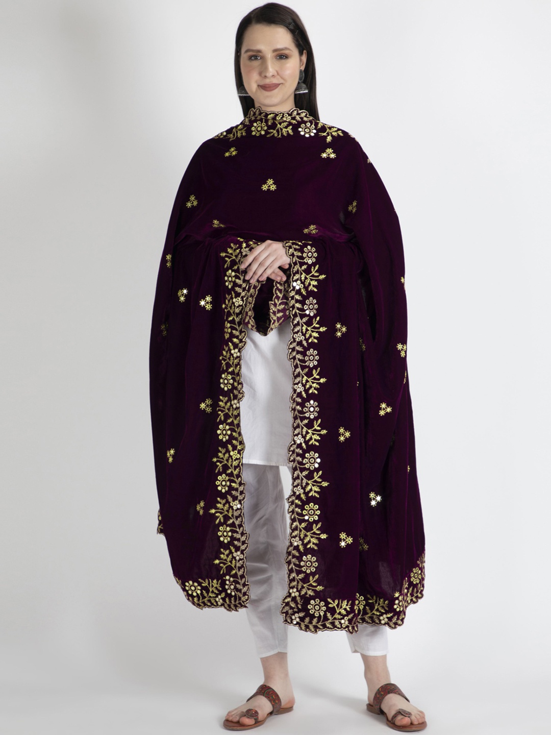 

Moda Chales Women Red Wine Embroidered Velvet Shawl