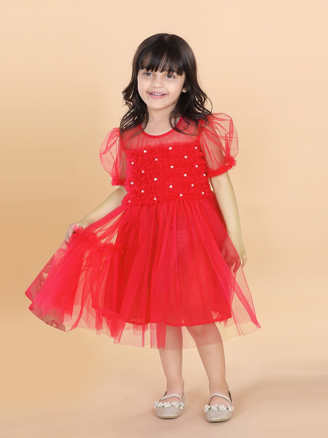 

ADIVA Girls Red Embellished Net Midi Dress