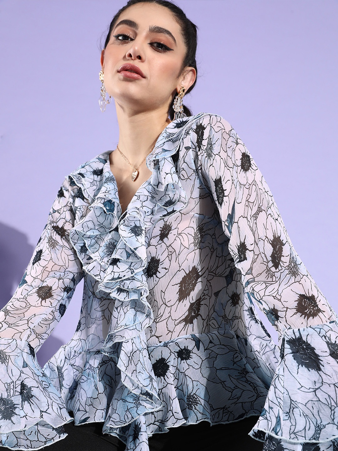 

QUIERO Chiffon Floral Print Ruffles Bell Sleeves Peplum Top, White
