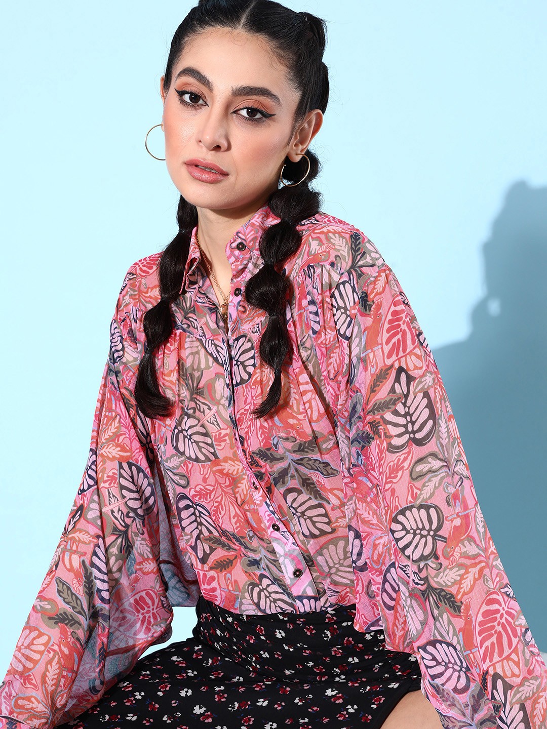 

QUIERO Chiffon Floral Print Tropical Batwing Sleeves Blouson Top, Pink