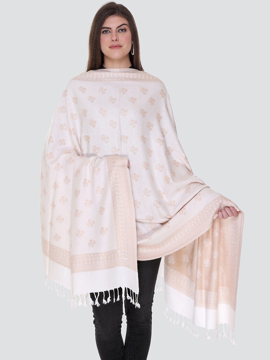 

KANIGARI Women White & Pink Woven Design Shawl