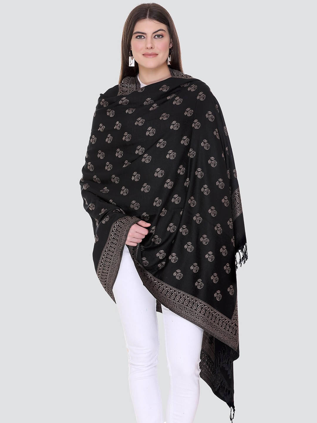 

KANIGARI Women Black & White Woven Design Shawl