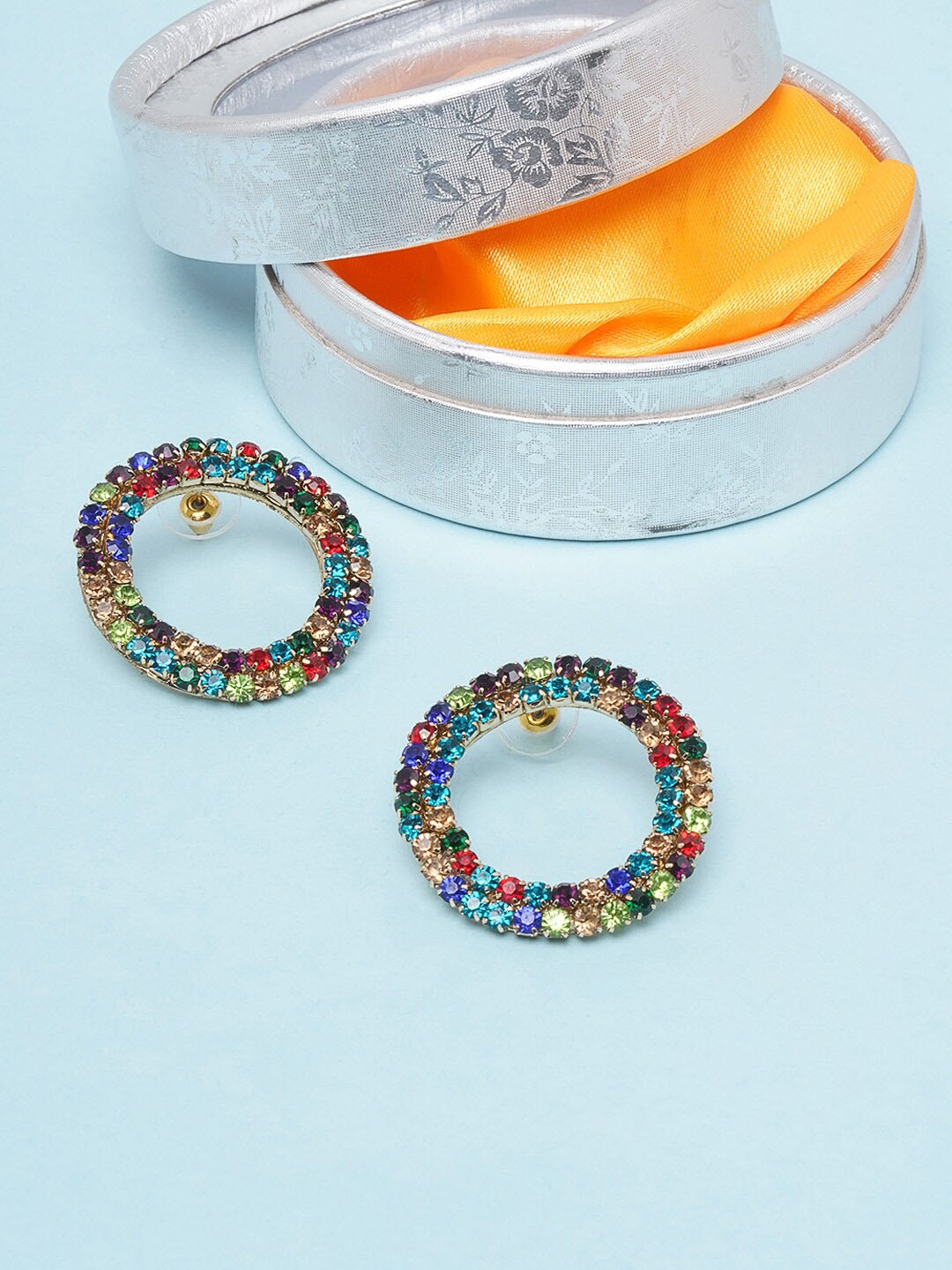 

DressBerry Multi-Colored Gold-Plated Stone Studded Circular Drop Earrings
