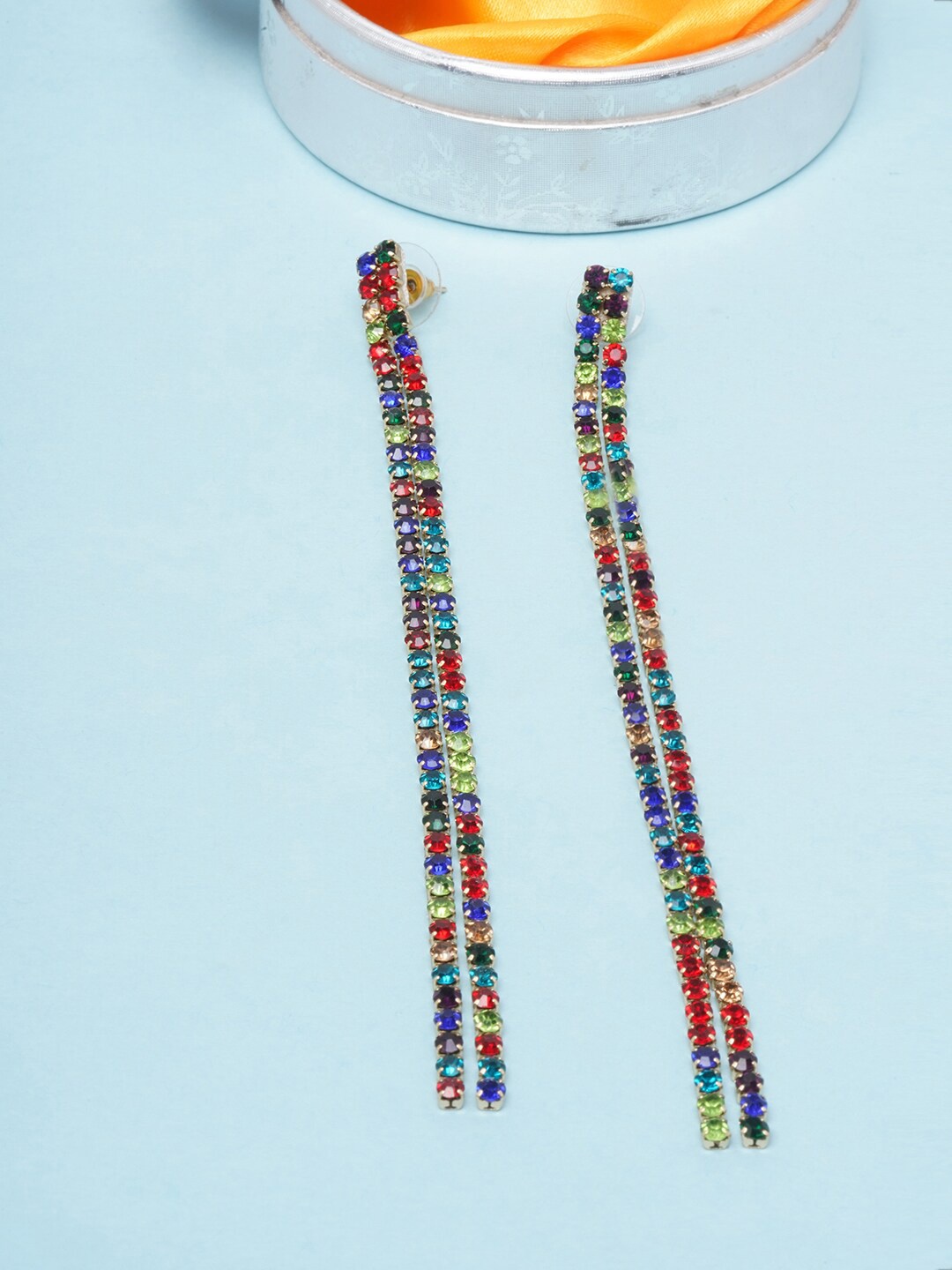 

DressBerry Multi-Colored Gold-Plated Contemporary Stone Studded Drop Earrings