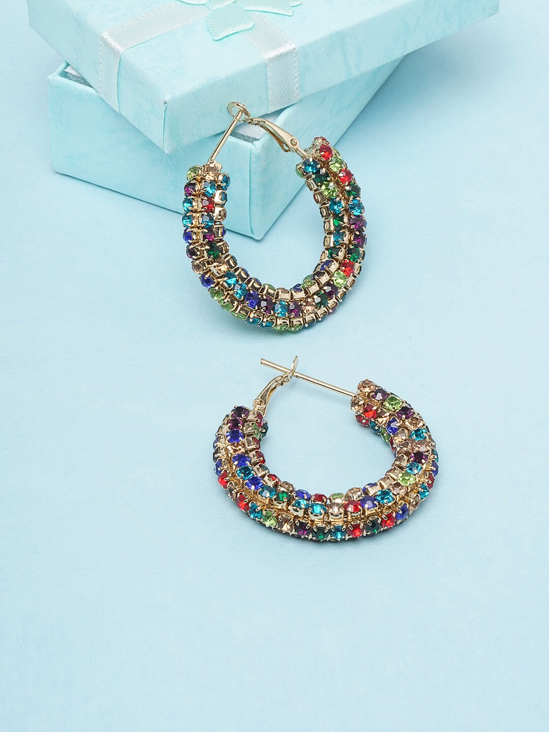 

DressBerry Multi-Colored Gold-Plated Stone Studded Circular Hoop Earrings