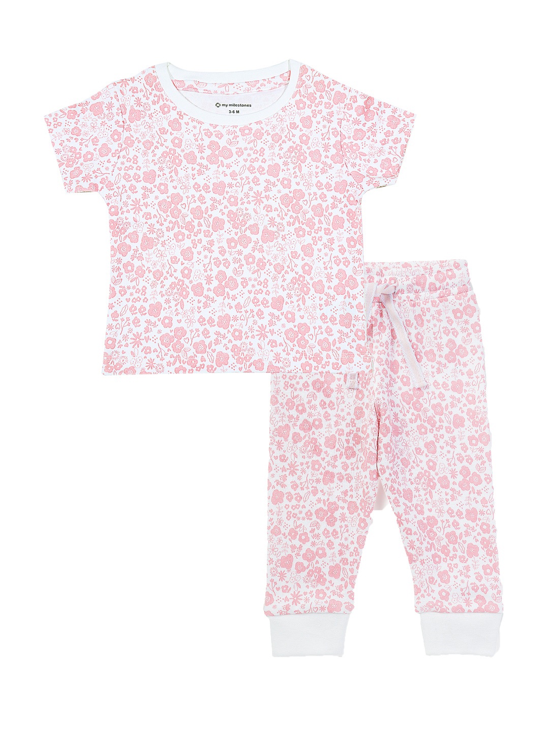 

My Milestones Girls Pink & White Printed Pure Cotton T-shirt with Trousers