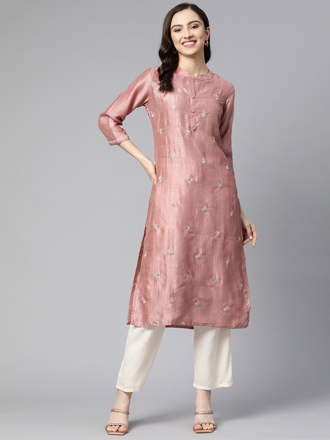 

Readiprint Fashions Women Mauve Ethnic Motifs Embroidered Thread Work Kurta