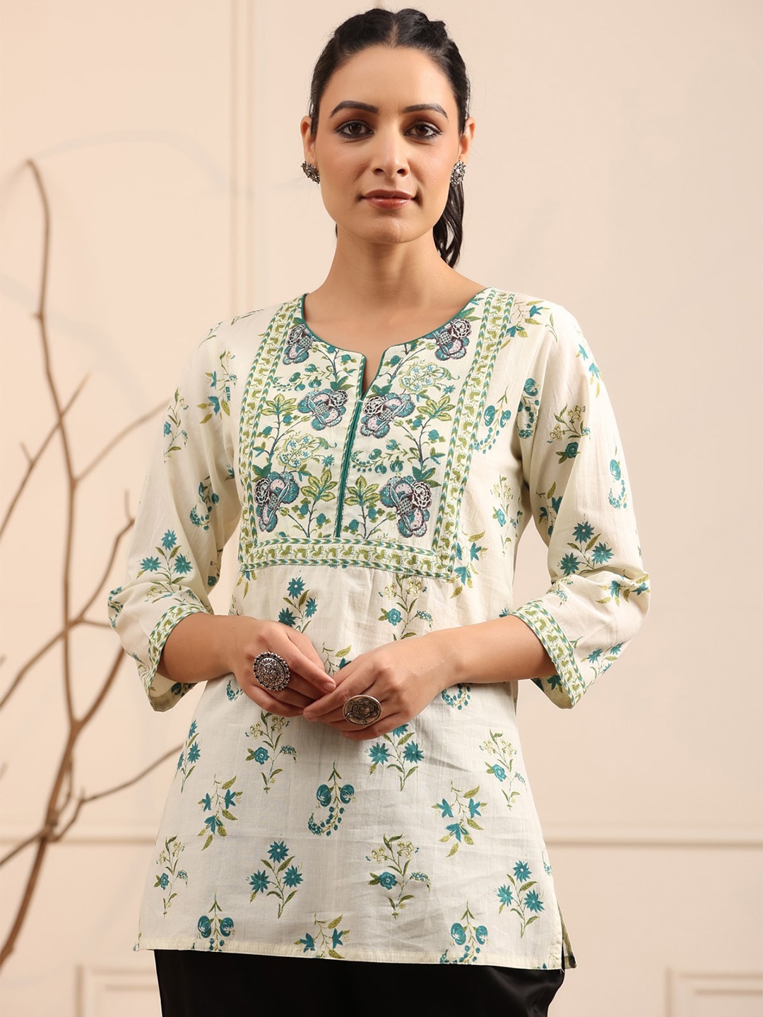 

Rain & Rainbow Cream-Coloured & Green Floral Printed Pure Cotton Kurti