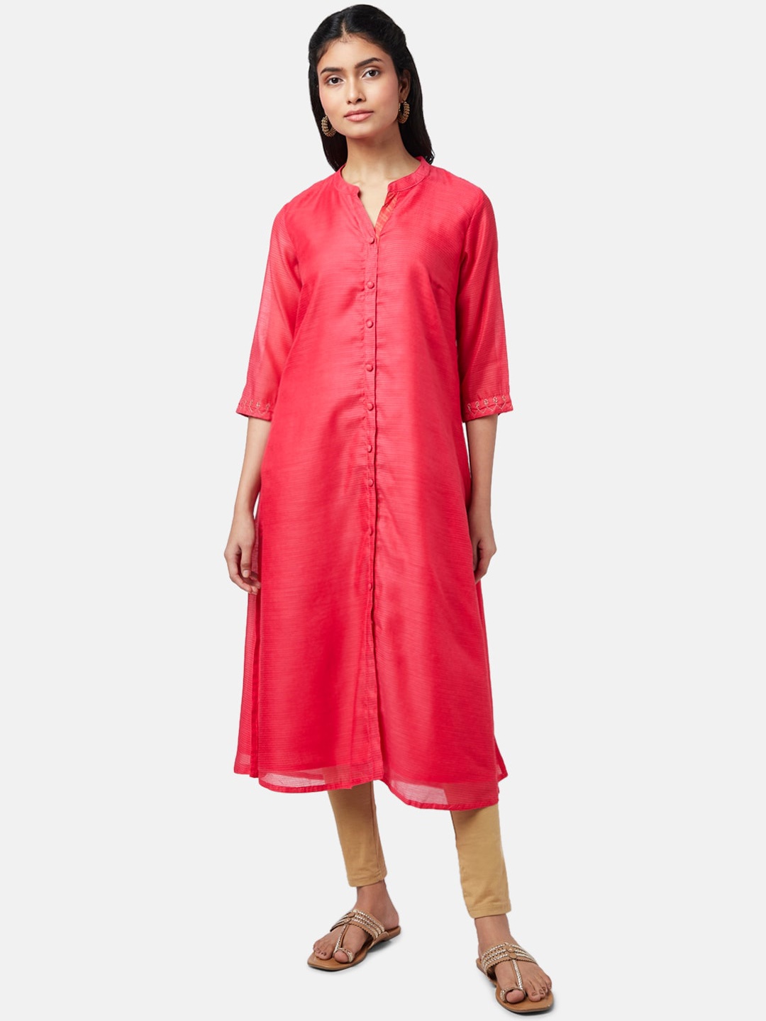 RANGMANCH BY PANTALOONS Women Coral Front Slide Chanderi Cotton Kurta