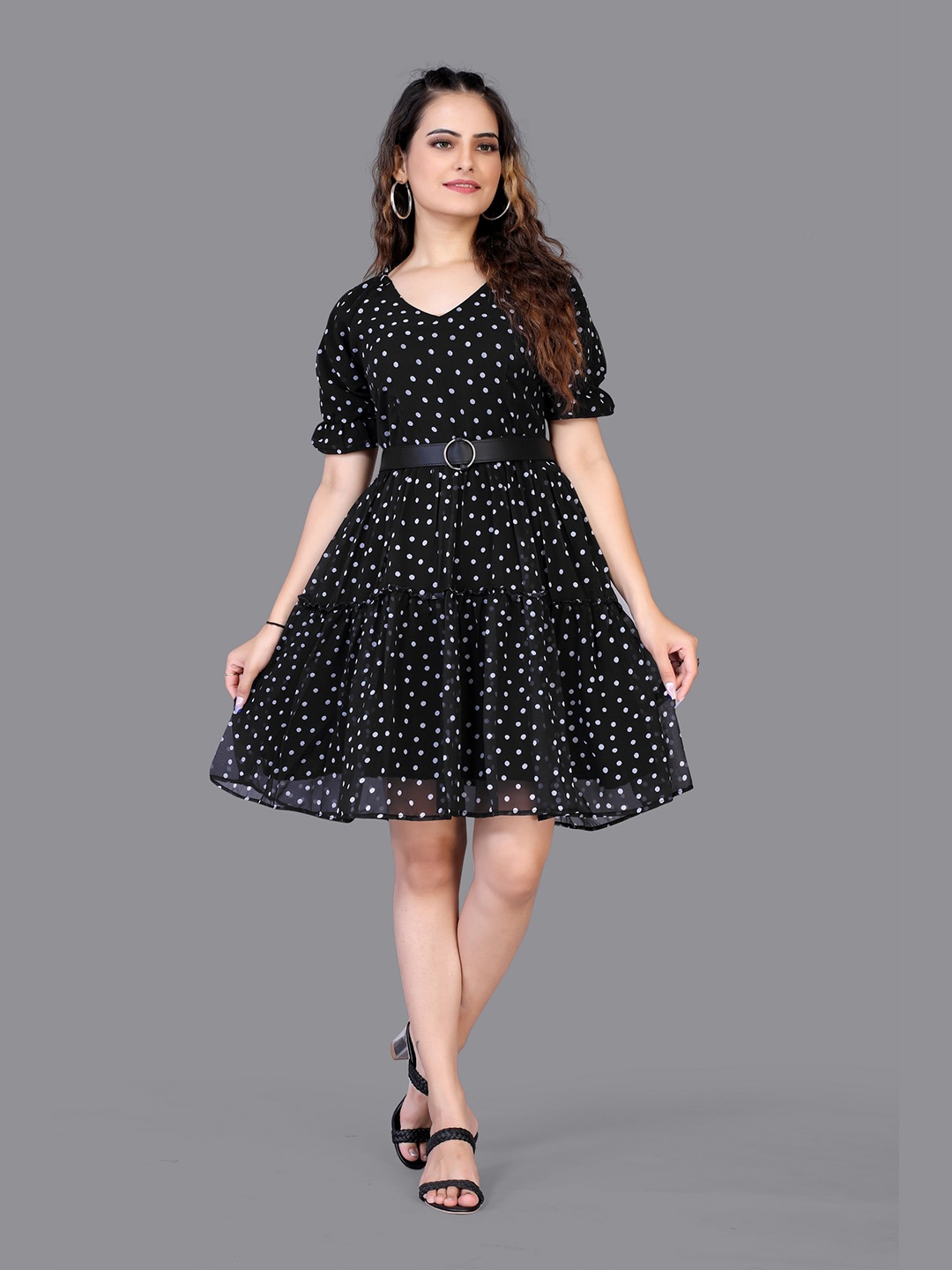 

Fashion FRICKS Black & White Polka Dots Printed Georgette Dress