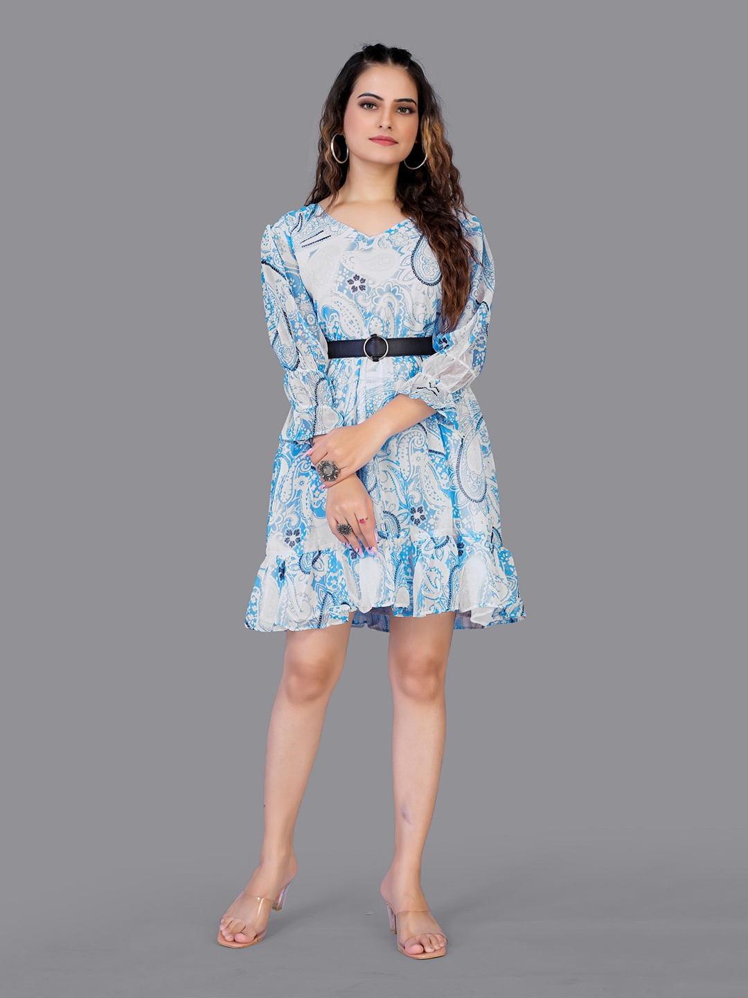 

Fashion FRICKS White & Blue Ethnic Motifs Georgette Dress