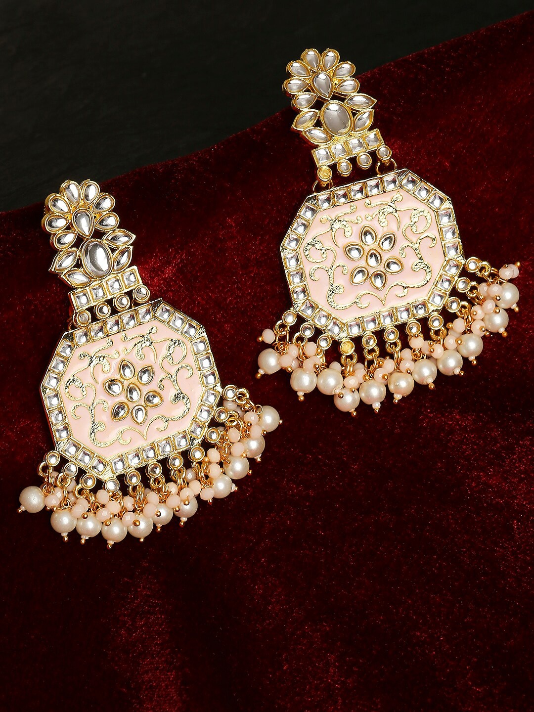 

OOMPH Pink & White Gold-Plated Kundan Floral Drop Earrings