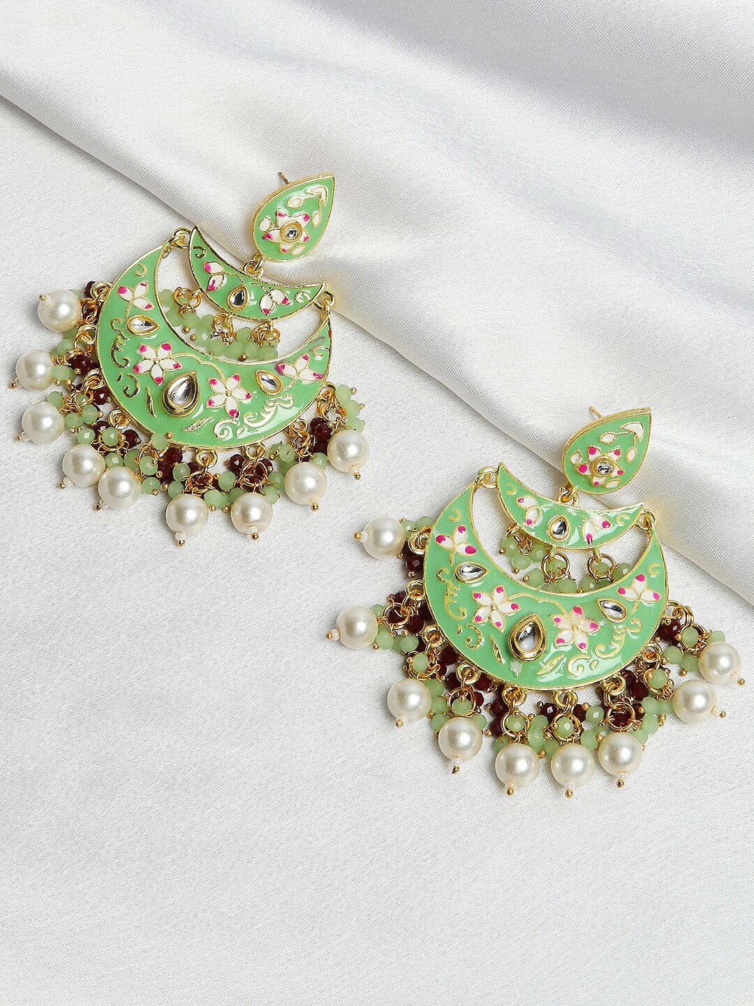 

OOMPH Green & White Gold-Plated Meenakari Contemporary Chandbalis Earrings