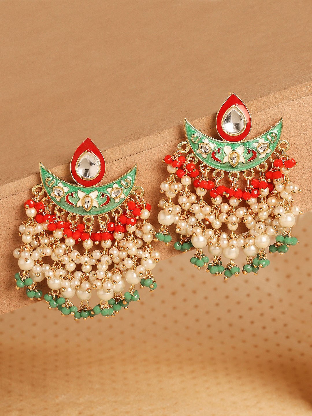 

OOMPH Green & Red Gold-Plated Kundan Meenakari Contemporary Chandbalis Earrings