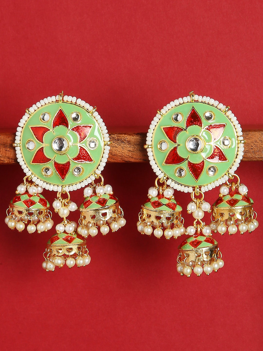 

OOMPH Green & Red Gold-Plated Meenakari Dome Shaped Jhumkas Earrings