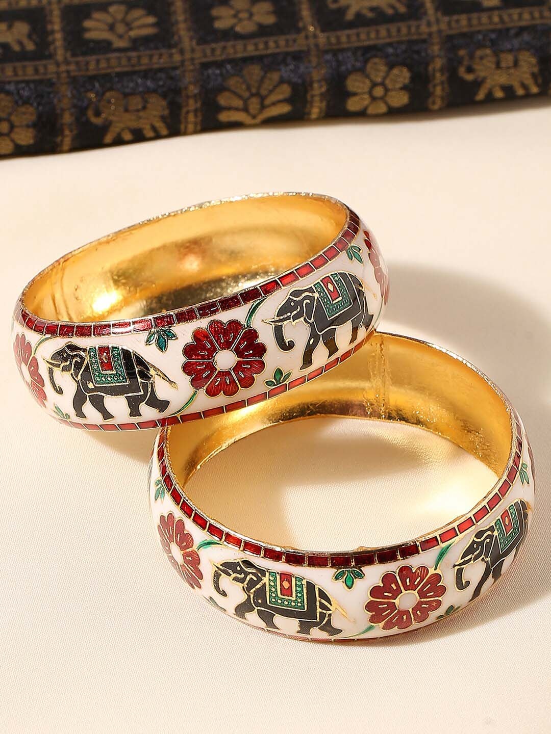

OOMPH Set Of 2 Gold-Toned Green & Red Meenakari Designed Bangle