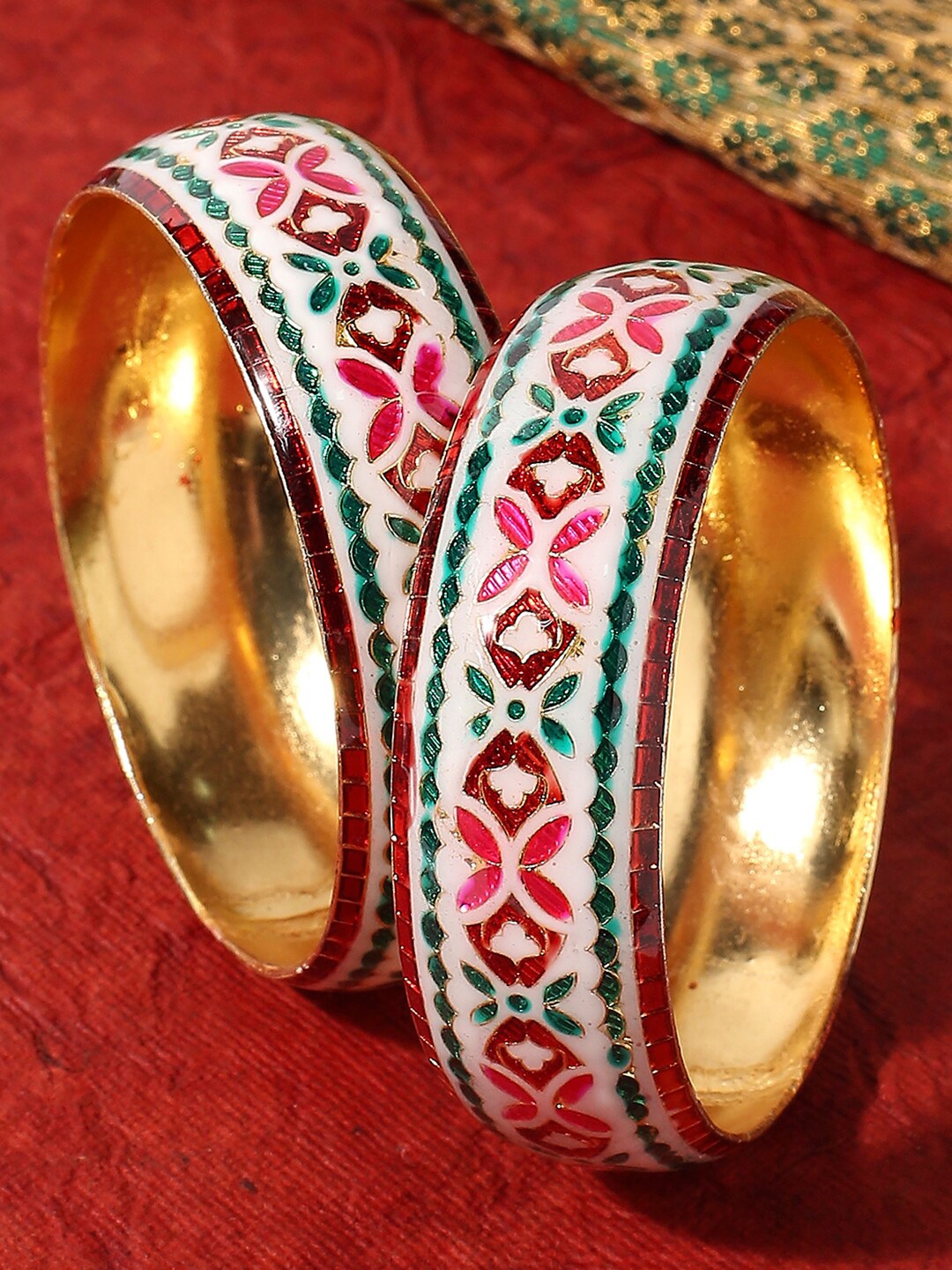 

OOMPH Set of 2 Gold-Toned & Red Meenakari Floral Designed Bangle Set