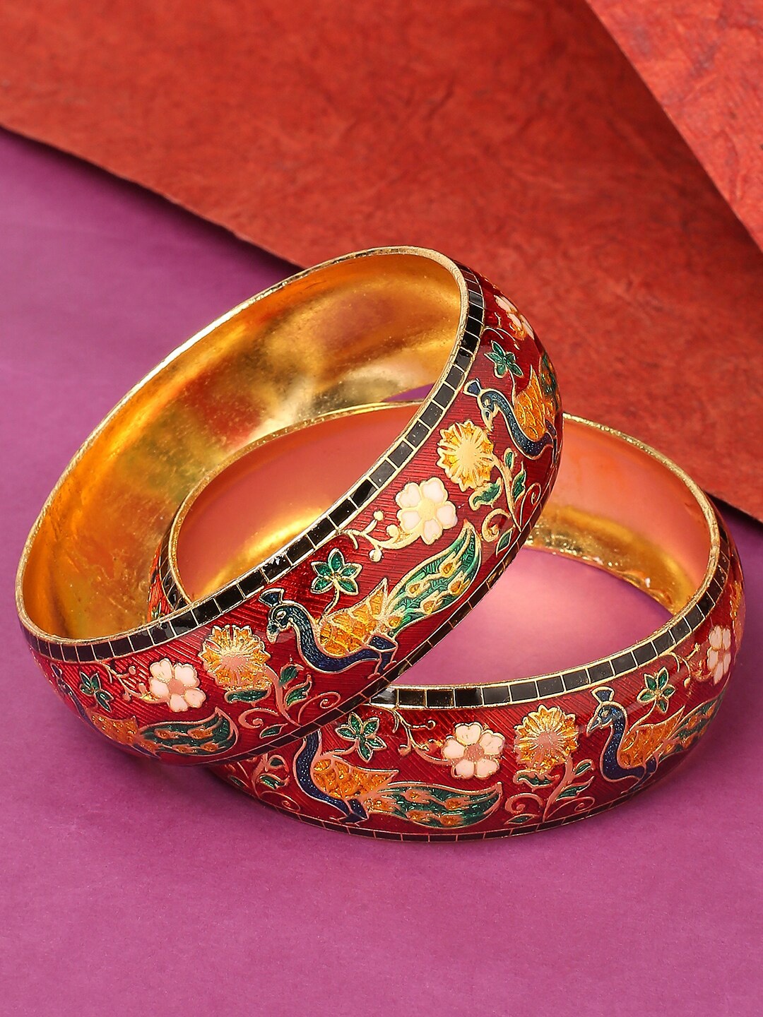 

OOMPH Set of 2 Gold-Toned & Red Meenakari Peacock Floral Bangles, Green