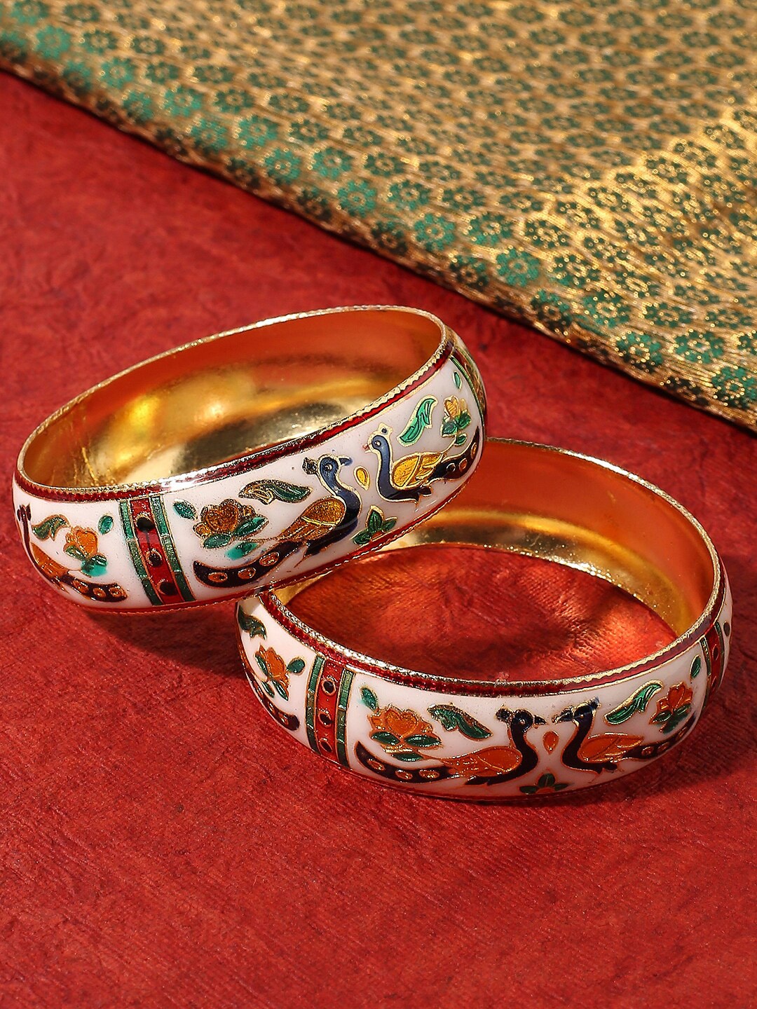 

OOMPH Set Of 2 Gold-Toned & White Meenakari Peacock Bangle