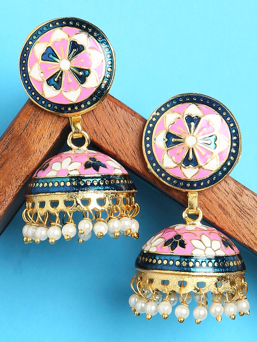 

OOMPH Pink & Teal Gold-Plated Meenakari Dome Shaped Jhumkas Earrings