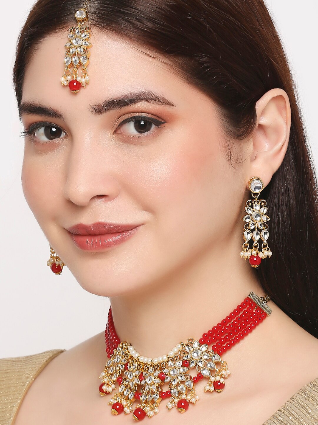 

OOMPH White & Red Kundan Studded Beaded Jadau Jewellery Set