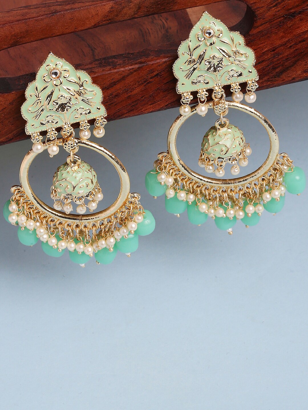 

OOMPH Gold-Toned & Sea Green Dome Shaped Chandbalis Earrings