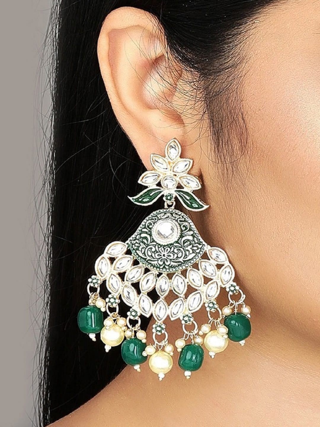

OOMPH Green & Off White Contemporary Chandbalis Earrings