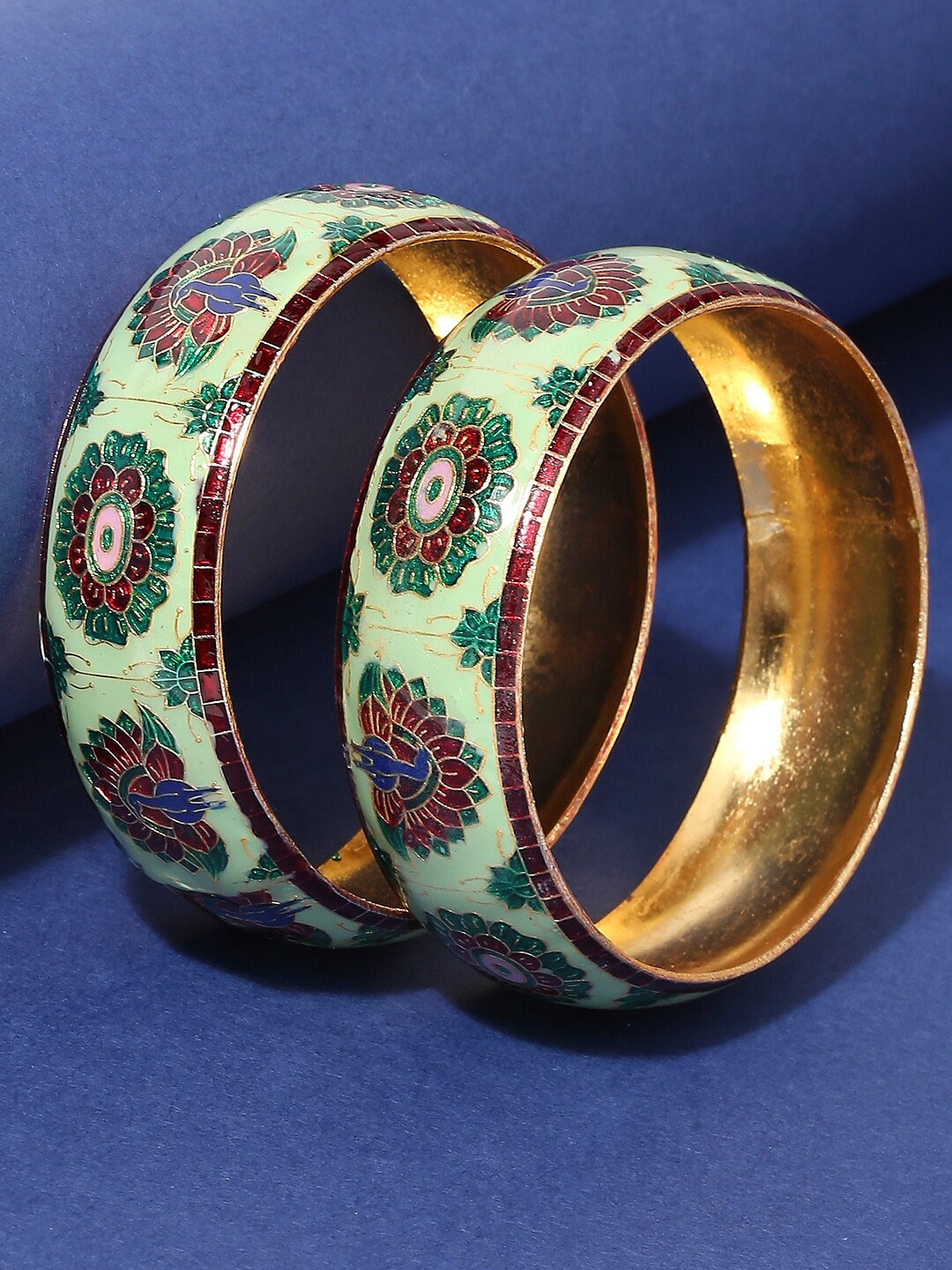 

OOMPH Set of 2 Mint Green & Red Meenakari Peacock Floral Bangle Set