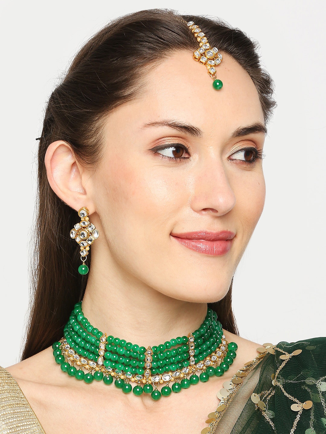 

OOMPH White & Green Kundan-Studded Beaded Jadau Jewellery Set