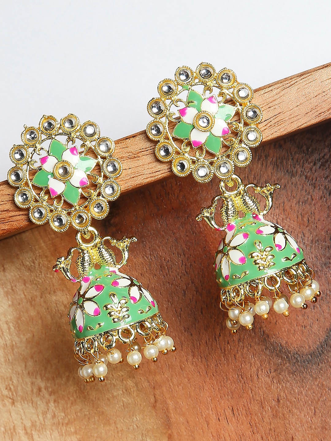 

OOMPH Green & Off White Dome Shaped Jhumkas Earrings