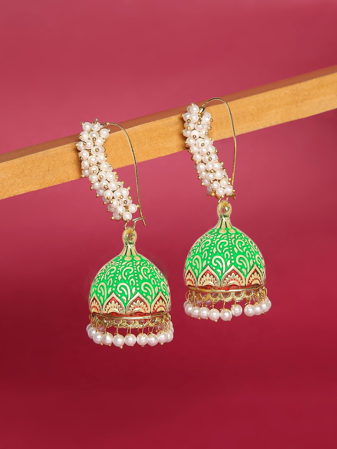 

OOMPH Green & Off White Dome Shaped Jhumkas Earrings
