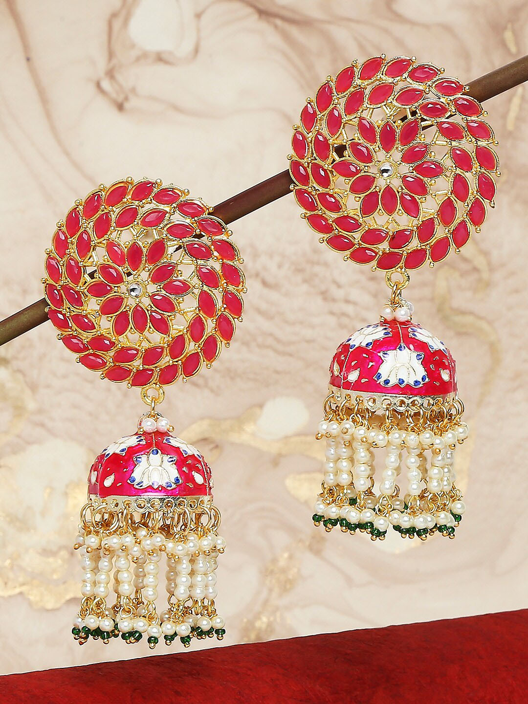 

OOMPH Red & Gold-Toned Dome Shaped Jhumkas Earrings