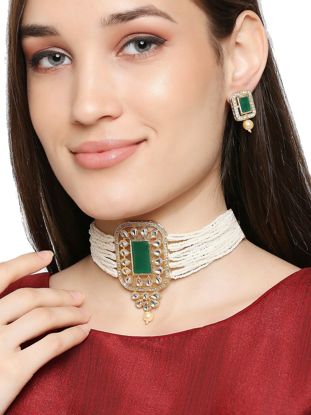 

OOMPH White & Green Kundan Studded & Beaded Jadau Jewellery Set