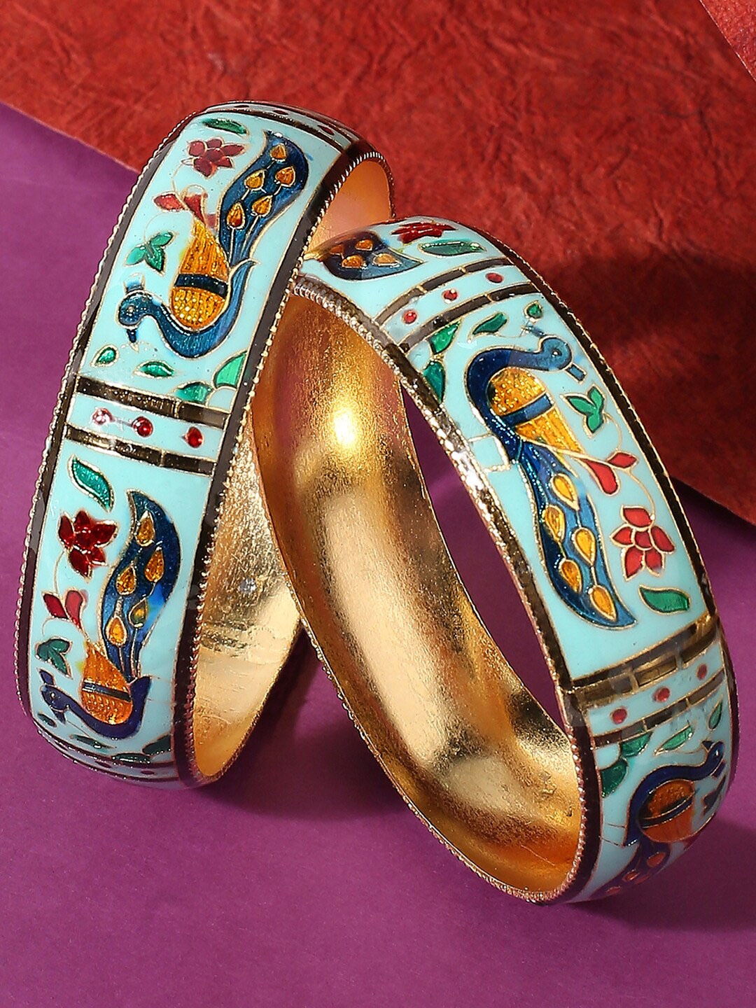 

OOMPH Set Of 2 Gold-Toned Green & Blue Meenakari Designed Bangle