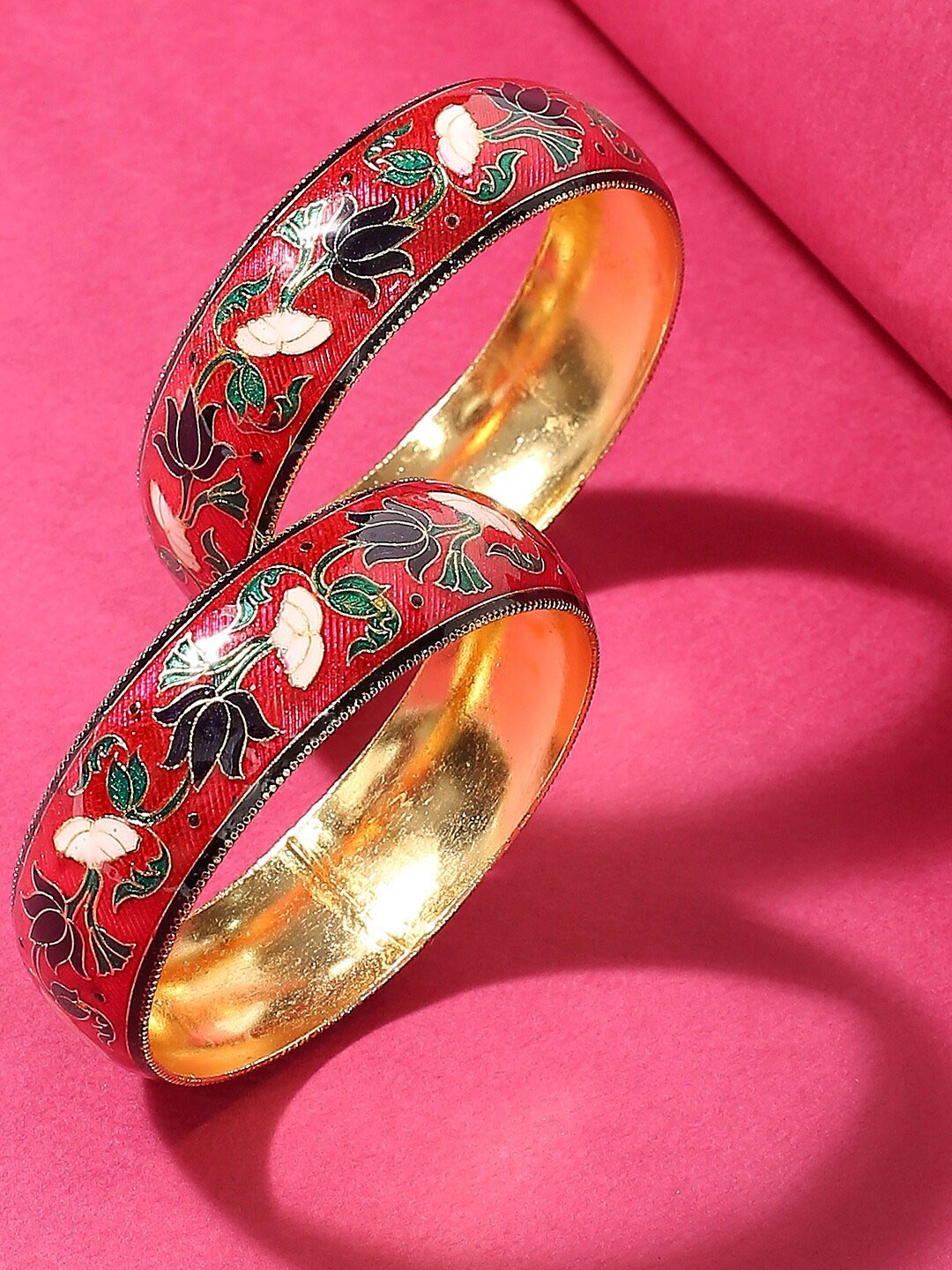 

OOMPH Set of 2 Red & Green Meenakari Lotus Bangle Set