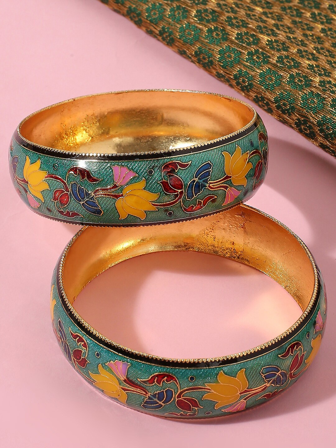 

OOMPH Set of 2 Mint Green & Yellow Meenakari Lotus Bangle Set