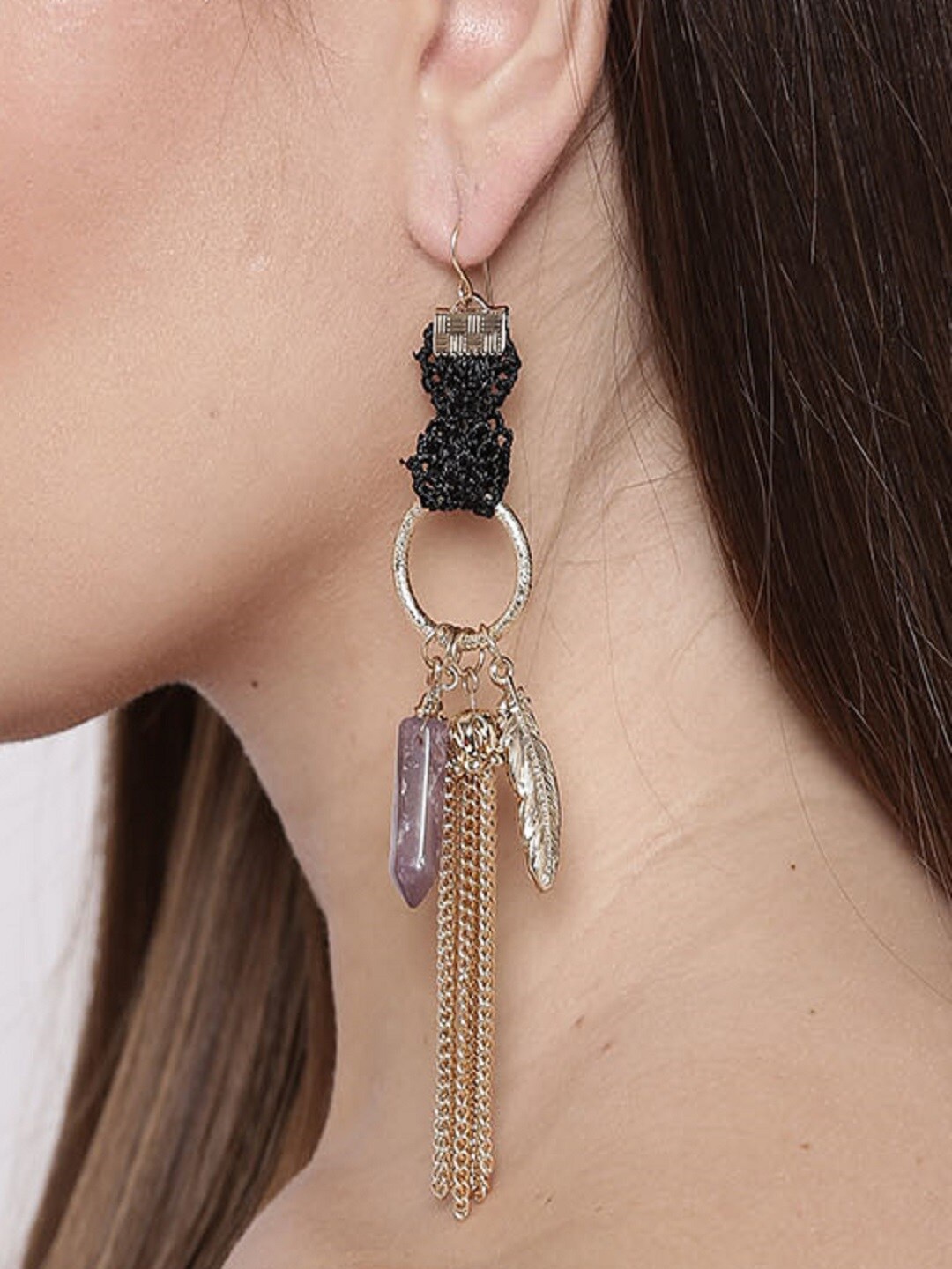 

OOMPH Gold-Toned & Black Geometric Drop Earrings