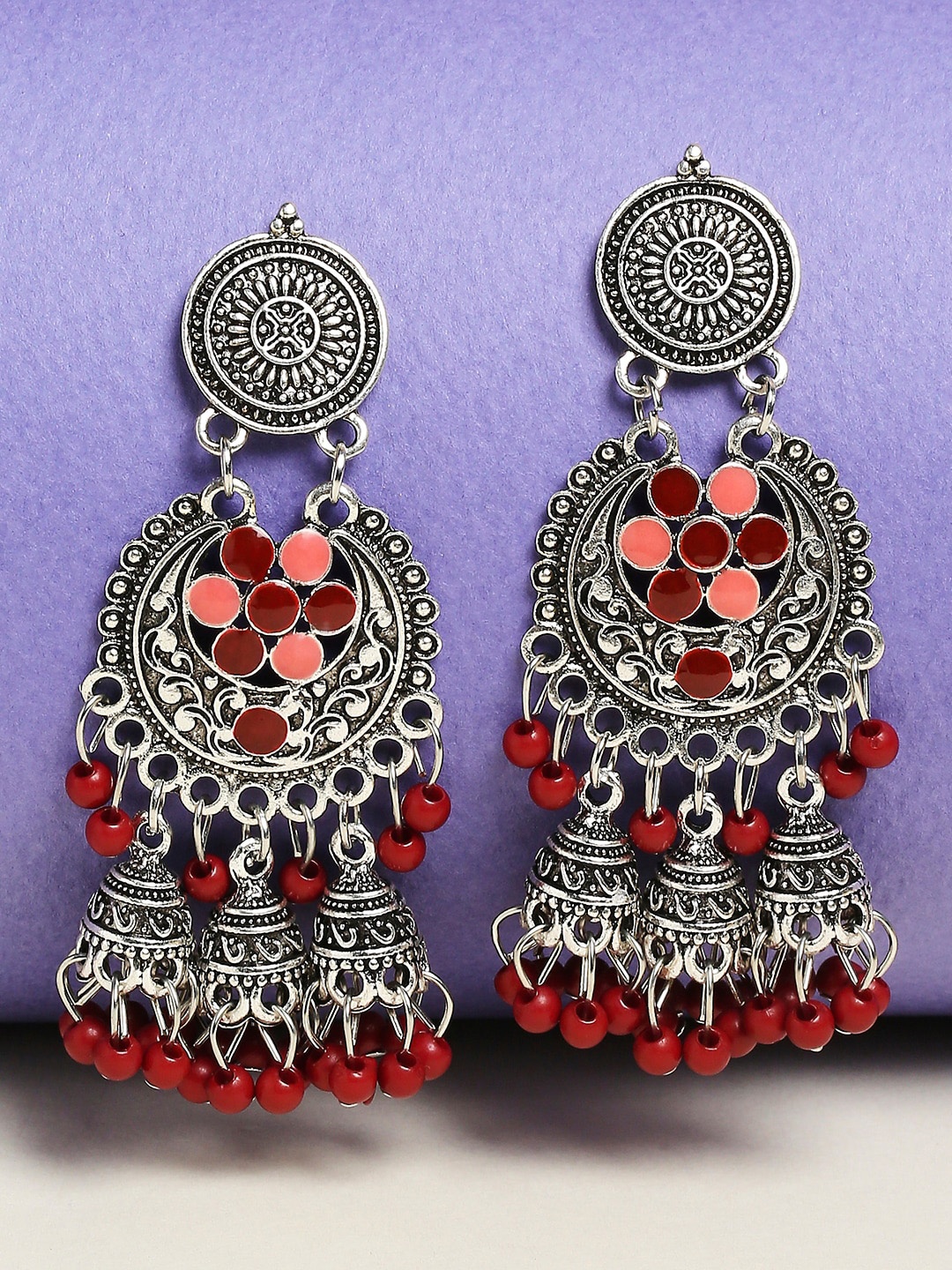 

OOMPH Silver-Toned & Red Dome Shaped Jhumkas Earrings