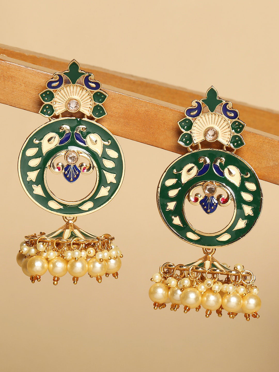 

OOMPH Green & Off White Floral Jhumkas Earrings