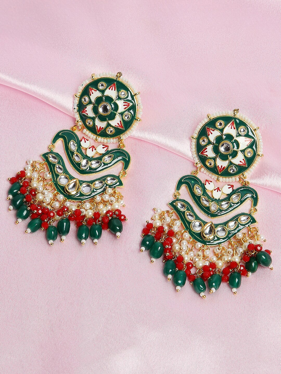 

OOMPH Gold-Toned & Green Kundan Studded Drop Earrings